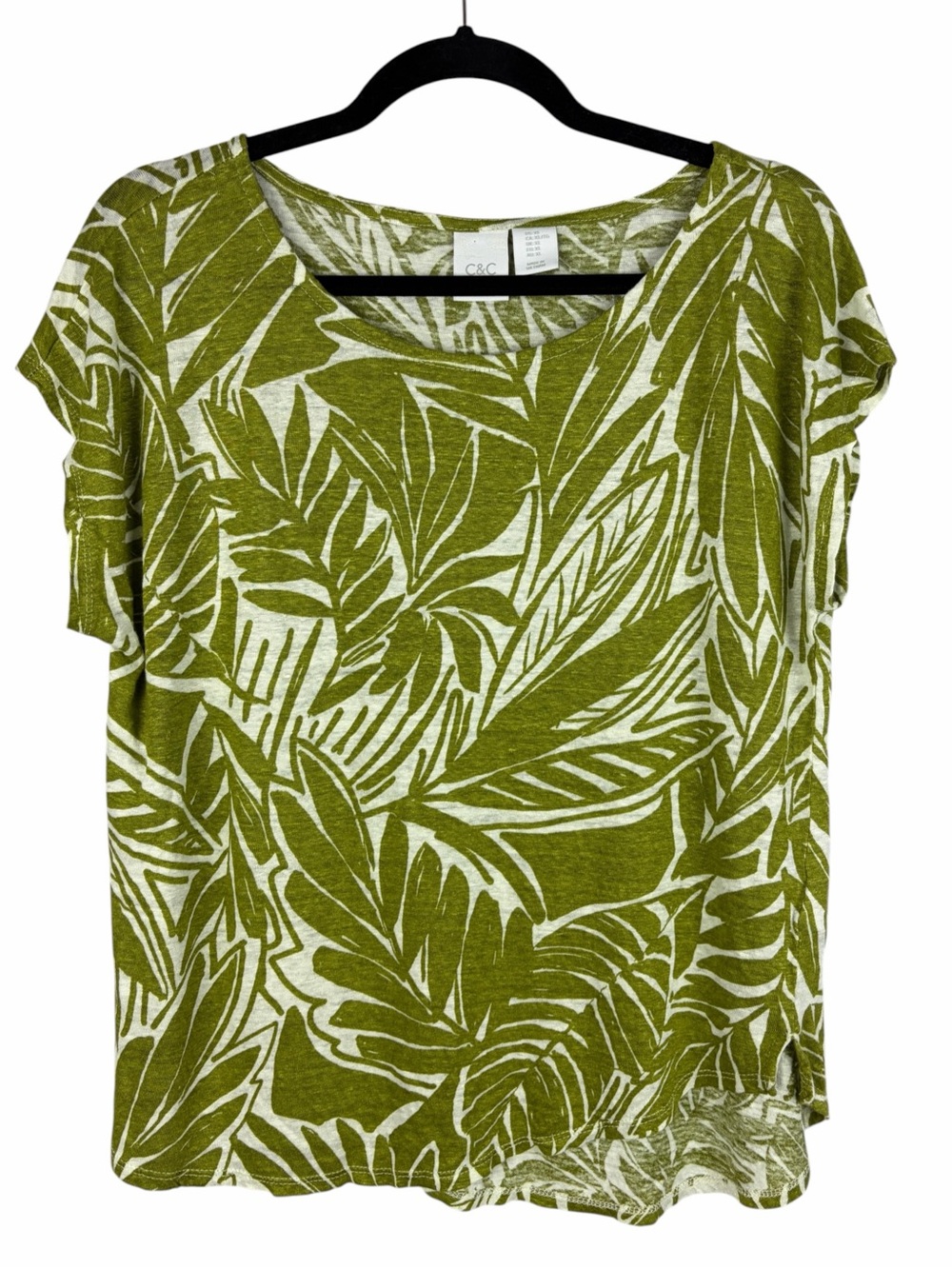 C&C California 100% Linen Green Tropical Botanical Print Top XL